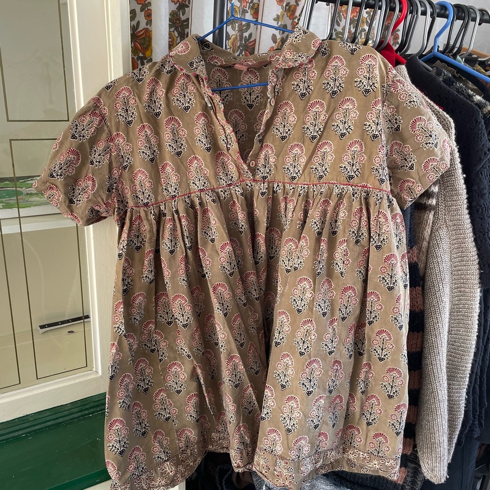 April Cornell Olive Floral Button-Front Blouse with Mauve Accents